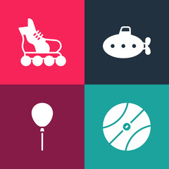 Sticker - Set pop art Basketball ball, Balloons with ribbon, Submarine toy and Roller skate icon. Vector.