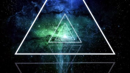 Wall Mural - abstract triangle neon glow with nebula background loop. futuristic vj motion graphics, club concert
