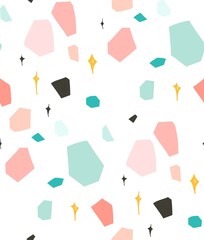 hand drawn vector abstract graphic simple terrazzo collage seamless pattern isolated on white backgr
