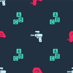 Sticker - Set Rubber duck, Ray gun and ABC blocks on seamless pattern. Vector.