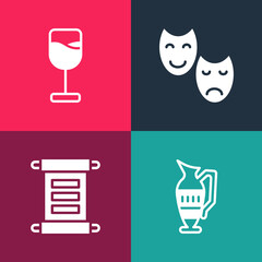 Poster - Set pop art Ancient amphorae, Decree, parchment, scroll, Comedy and tragedy masks and Wine glass icon. Vector.