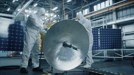 Wall Mural - Engineer and Technician in Protective Suits Working on Satellite Construction. Aerospace Agency: Team of Scientists Building Spacecraft for Space Exploration, Navigation, Galaxy Observation 