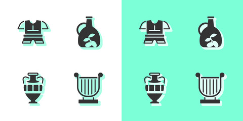 Poster - Set Ancient lyre, Body armor, amphorae and Bottle of olive oil icon. Vector.