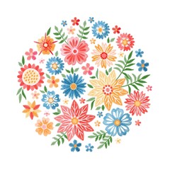 Wall Mural - Embroidery flowers. Round composition with colorful floral pattern on white background. Vector design.