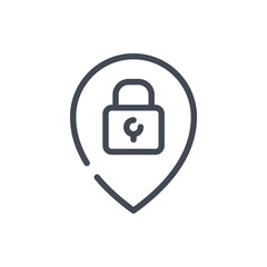Poster - Safe place and closed establishment line icon. Location pointer with lock vector outline sign.