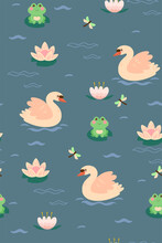 Seamless Pattern With Swans And Frogs On The Lake. Vector Graphics.