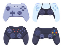 A Set Of Game Joysticks For Modern Video Game Consoles. Gadgets For Video Games. Vector Illustration On A White Background