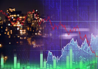 Poster - Red graphs over grid network and stock market data processing against cityscape