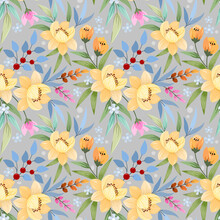 Seamless Retro Floral Pattern, Cute Flowers, And Leaves On A Grey Background.