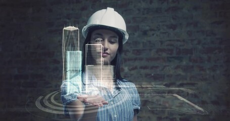 Poster - Animation of 3d interactive model of city spinning over hand of female architect