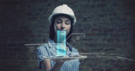 Poster - Animation of 3d interactive model of city spinning over tablet held by female architect