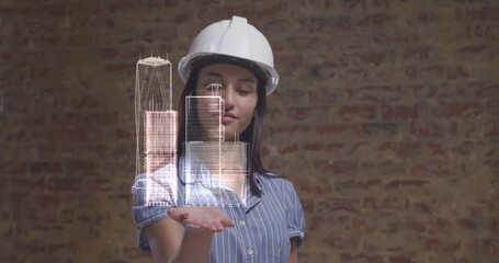 Poster - Animation of 3d interactive model of city spinning over hand of female architect