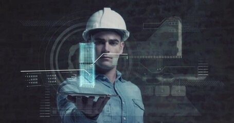 Poster - Animation of 3d interactive model of city spinning over tablet held by male architect