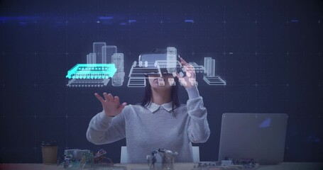Poster - Animation of woman wearing vr headset touching virtual screen with 3d model spinning