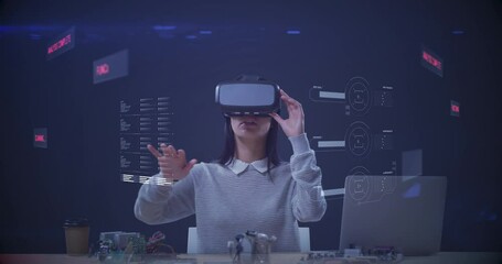 Poster - Animation of woman wearing vr headset touching virtual screen with 3d model spinning