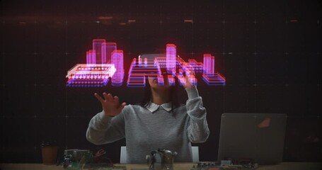 Poster - Animation of woman wearing vr headset touching virtual screen with 3d model spinning