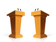 Wooden podium with microphone. Wooden speech stand.