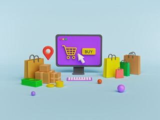 Poster - shopping online concept. Modern design for web banners, websites, infographic. 3d rendering