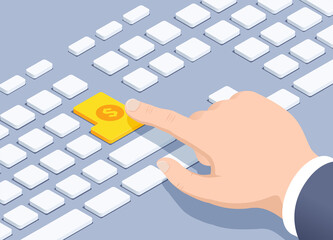 isometric vector illustration on gray background, the hand of a man in a business suit reaches for a keyboard button with a dollar sign, money button or get money online