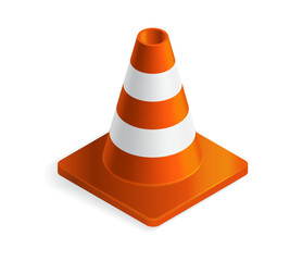 Vector illustration orange plastic traffic cone isolated on white background. Realistic orange road cone with stripes icon in flat cartoon style.