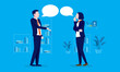 © Knut - Man and woman conversation - Businessman and businesswoman in office with speech bubbles. Talking and discussion concept. Vector illustration.
