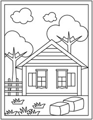 Sticker - 
Farmhouse coloring page in hand drawn vector design 

