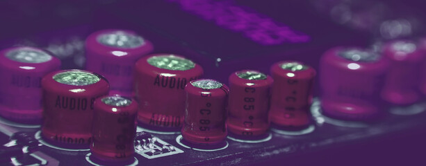 Poster - High quality audio capacitors on the computer motherboard. Digital music. Computer information technology illustration.