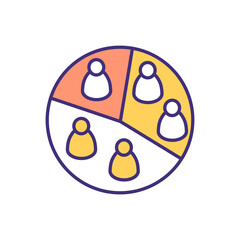 Sticker - Audience segmentation RGB color icon. Dividing people into homogeneous subgroups. Audience analysis. Market segmentation. Based on behavior, product usage criteria. Isolated vector illustration