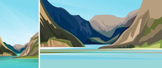 Wall Mural - Beautiful scandinavian fjord. Set of natural landscapes in vertical and horizontal orientation.