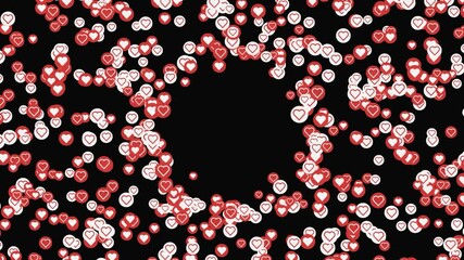 Poster - Beautiful social media heart icons in small red and white circles, positive reaction concept. Animation. Black circle surrounded by tiny hearts.