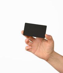 female hand holding a white black business card