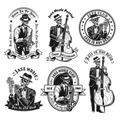 Fototapete - Vintage badges with jazzman skeleton vector illustration set. Monochrome labels with dead musician singing and playing sax or cello. Jazz music and entertainment concept can be used for retro template