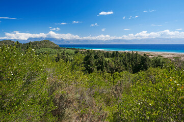 Wall Mural - Greece Erikoussa Island, Ionian Islands, Europe, Corfu district, Brakini beach with myrtle shrubs in the foreground, the Albanian coast in the background