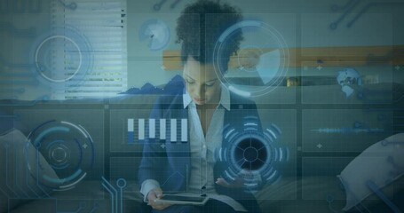 Poster - Animation of data processing and scope scanning over woman using smartphone and tablet