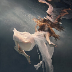 Wall Mural - A girl in a white fluttering dress floats as if she were flying