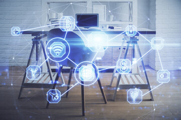 Poster - Double exposure of social network theme drawing and office interior background. Concept of web.