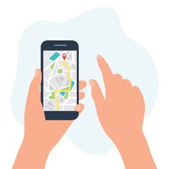 Mobile gps navigation and tracking concept.Location Tracker App on Touch Screen Smartphone.Vector flat illustration of a human hand holding a smartphone with a map app working