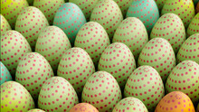 Multicolored, Easter Egg Background. Beautiful Green, Orange And Red Eggs With Polka Dot Patterns. 3D Render
