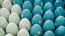 Multicolored, Easter Egg Background. Beautiful Teal And White Eggs With Circle, Ring And Polka Dot Patterns. 3D Render