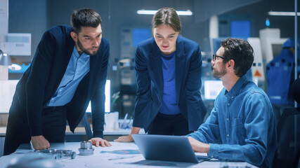 Poster - Modern Factory Office Meeting Room: Diverse Team of Engineers, Managers Talking at Conference Table, Look at Blueprints, Inspect Mechanism, Use Laptop. High-Tech Facility with CNC Machines