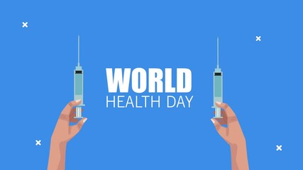 Sticker - world healthy day lettering with hands lifting syringes