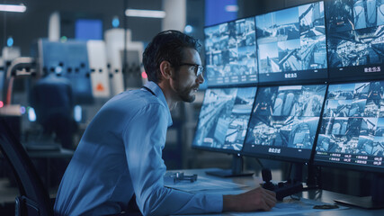Poster - Industry 4.0 Modern Factory: Security Operator Controls Proper Functioning of Workshop Production Line, Uses Computer with Screens Showing Surveillance Camera Feed. High-Tech Security