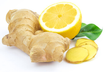 Wall Mural - Ginger, lemon and green leaves , bio, healthy food isolated on white background