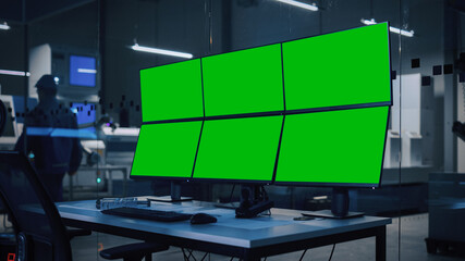 Wall Mural - Industry 4.0 Modern Factory: Security Control Room with Multipoke Computer with 6 Screens Showing Green Screen Teplates, Great for Mock-up. High-Tech Security