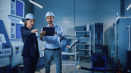 Aufkleber - Portrait of Two Professional Engineers Use Industrial Digital Tablet to Work with Augmented Reality. Great Template Shot for Augmented Reality. Factory Workshop with CNC Machinery.