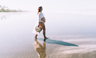 Poster - Pregnant young woman strolling along sandy beach in sunlight