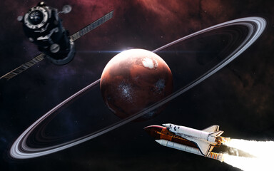 Wall Mural - red planet of solar system. inhabited mars with rings. space shuttle. station is blurred in motion. 