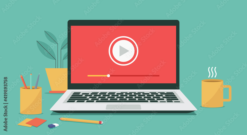 video player icon on laptop computer, concept of webinar, business online training, education or e-learning and video tutorial, vector flat illustration - obrazy, fototapety, plakaty 