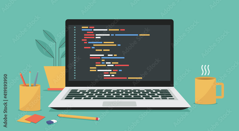 computer software with programming coding text on window laptop screen, vector flat illustration	
 - obrazy, fototapety, plakaty 