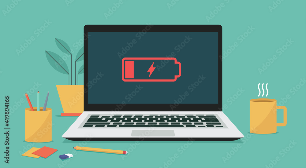 Laptop computer with low battery icon on screen, vector flat illustration - obrazy, fototapety, plakaty 